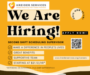 Hiring graphic for Kreider Services advertising a Second Shift Scheduling Supervisor position starting at $21.12 per hour, highlighting benefits, supportive team, and career opportunities.