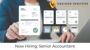 Person using a laptop with digital financial documents and accounting icons overlaid, promoting a Senior Accountant job opening at Kreider Services.